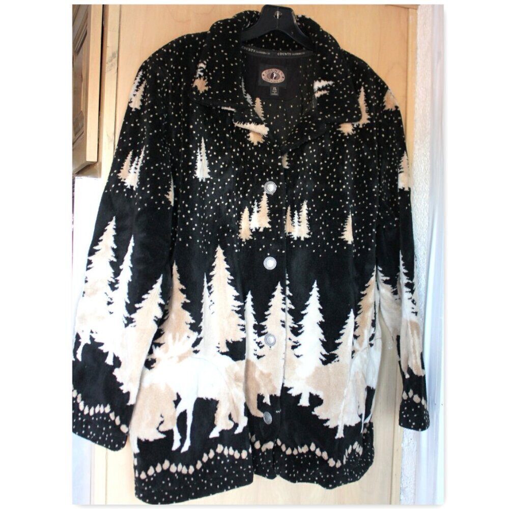 Womens Neutral Black Tan Beige Furry Coat Natural Scene Made in Canada Size XL